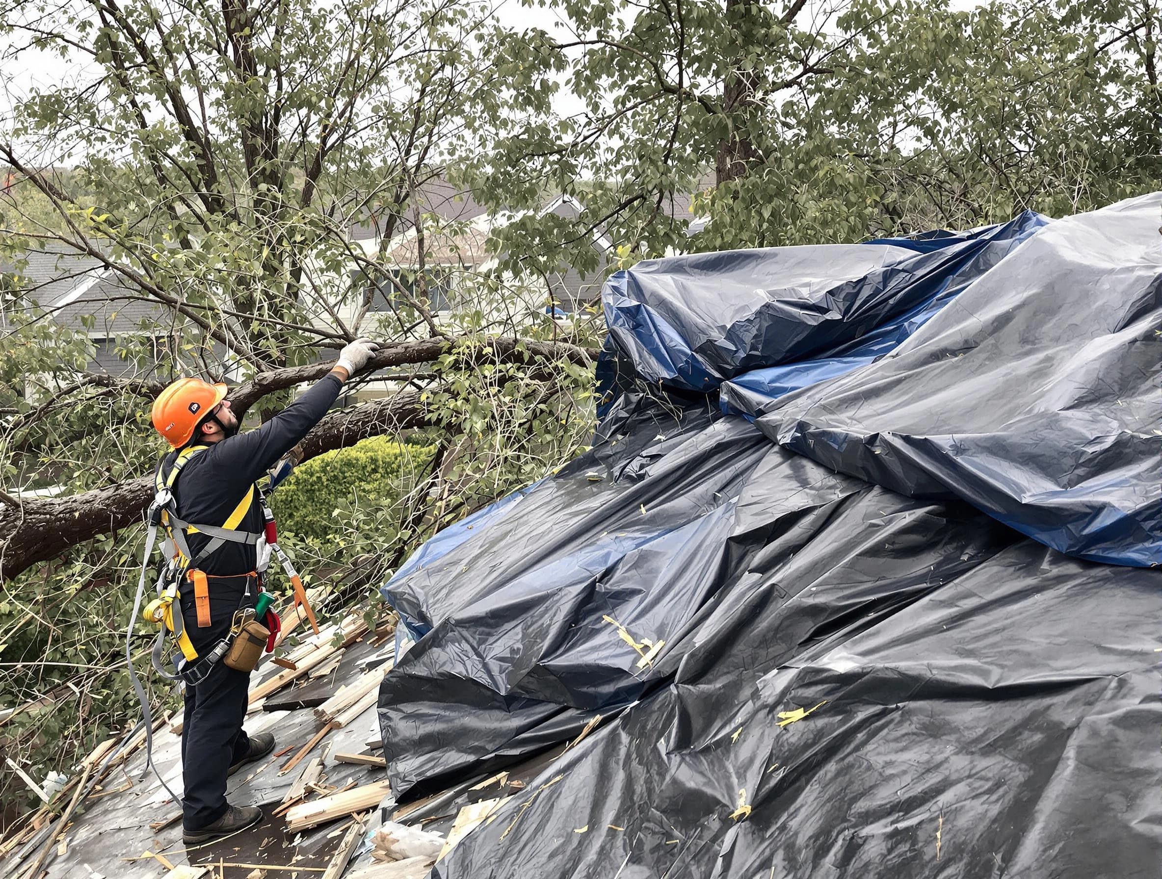 A tarped roof after storm damage repaired by Painesville Roofing Company in Painesville, OH