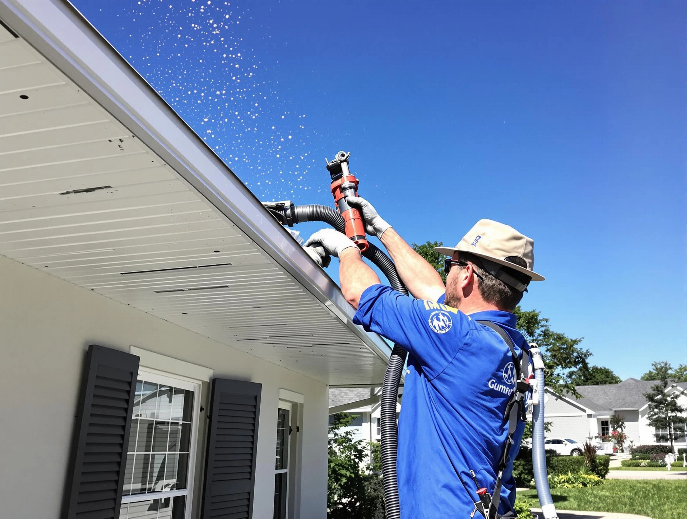 Technician completing a gutter cleaning project by Painesville Roofing Company in Painesville, OH