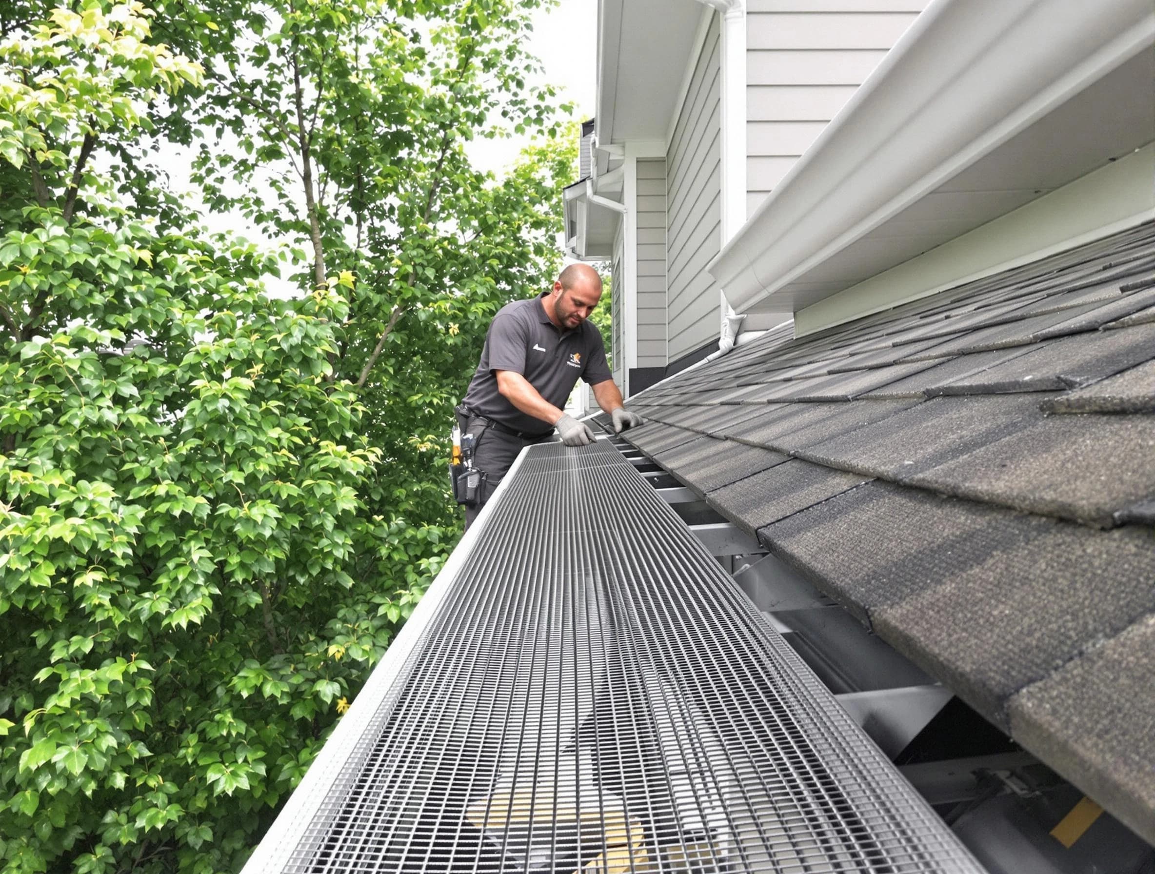 Close-up of gutter guards installed by Painesville Roofing Company in Painesville, OH