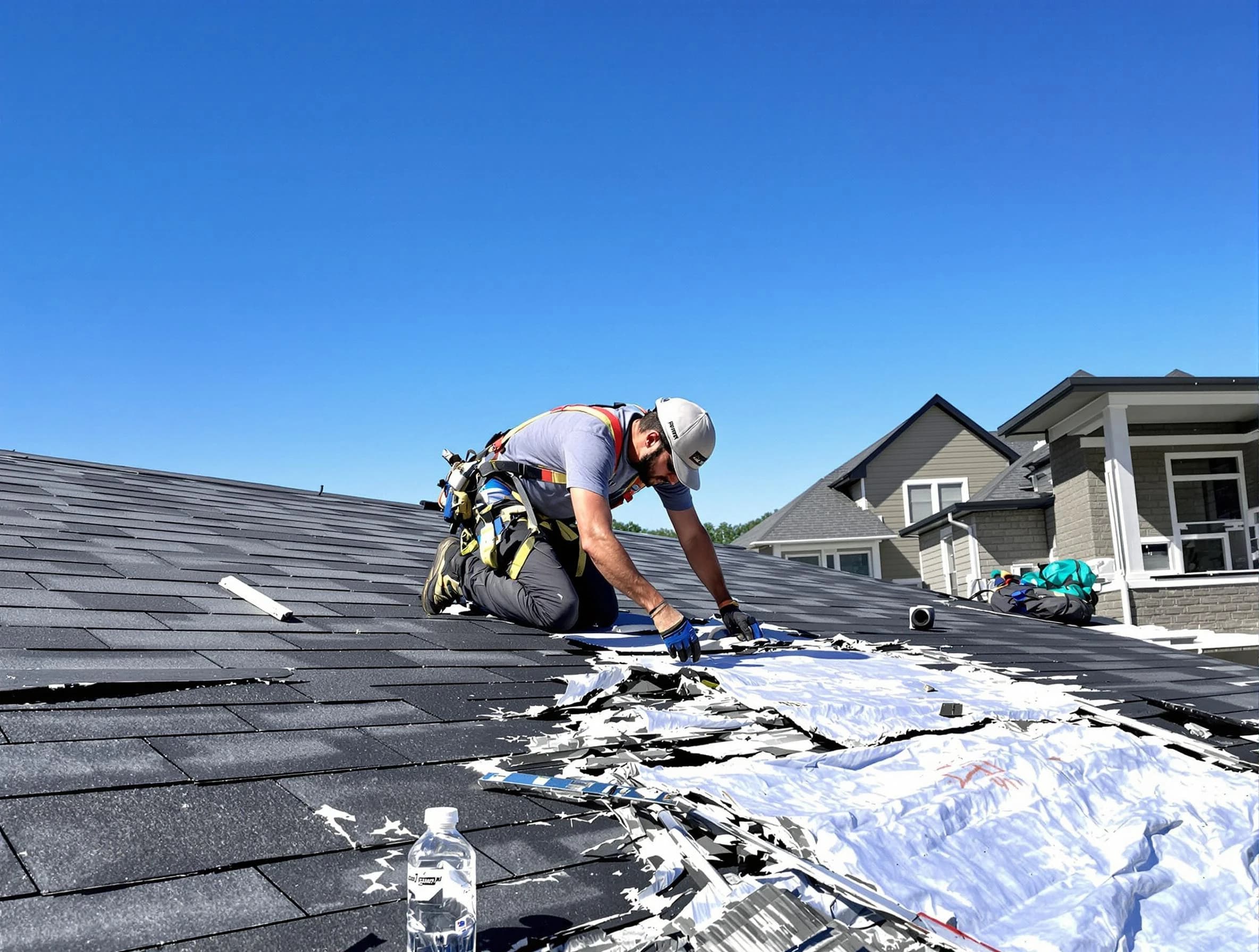 Painesville Roofing Company repairing a roof section in Painesville, OH